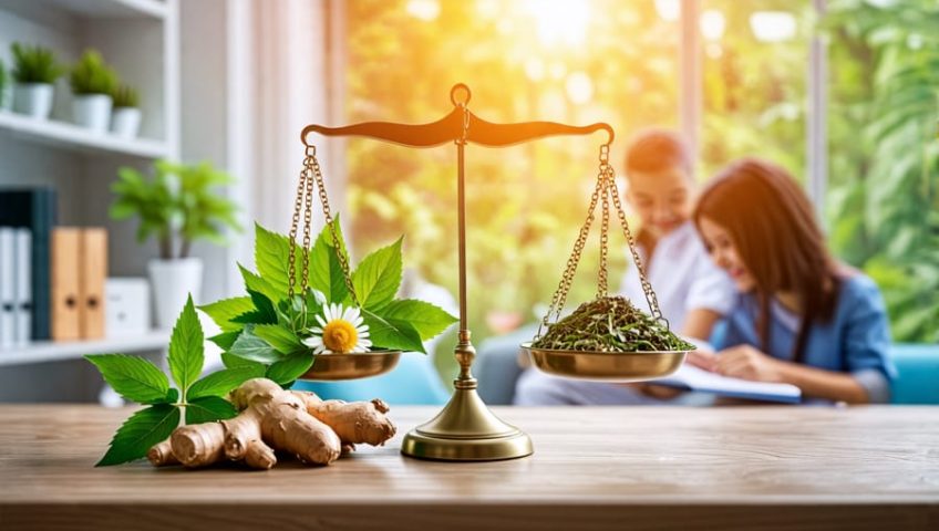 A conceptual image showing a balance scale with kratom leaves on one side and safe herbal supplements like chamomile and ginger on the other, symbolizing the need for careful consideration when choosing herbal options for children.