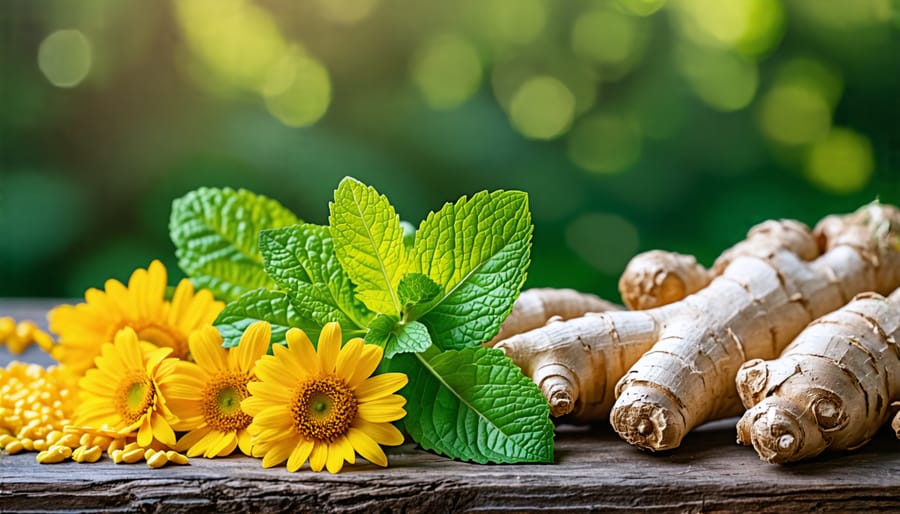 Safe herbal supplements for children including chamomile, ginger, and mint laid out on a wooden background