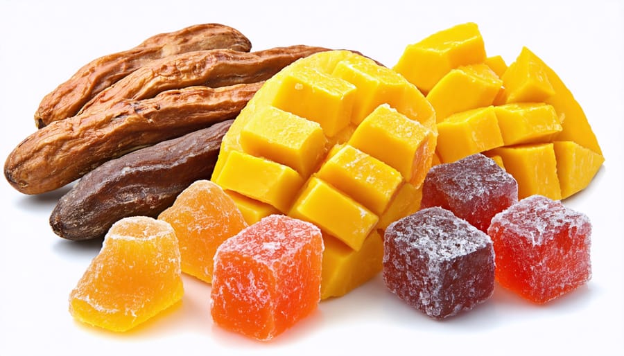 Colorful assortment of exotic candy ingredients such as tamarind, mango, and coconut on a wooden table