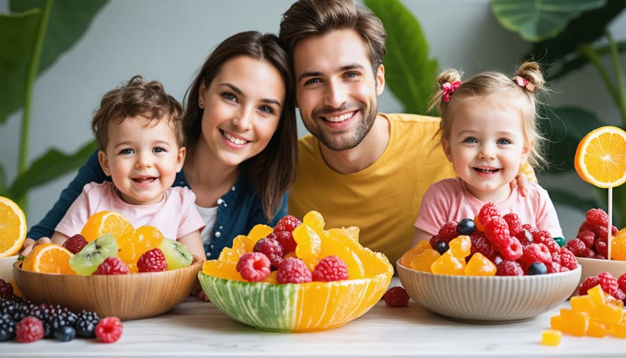 A smiling family sampling a variety of healthy exotic candies at a kitchen table