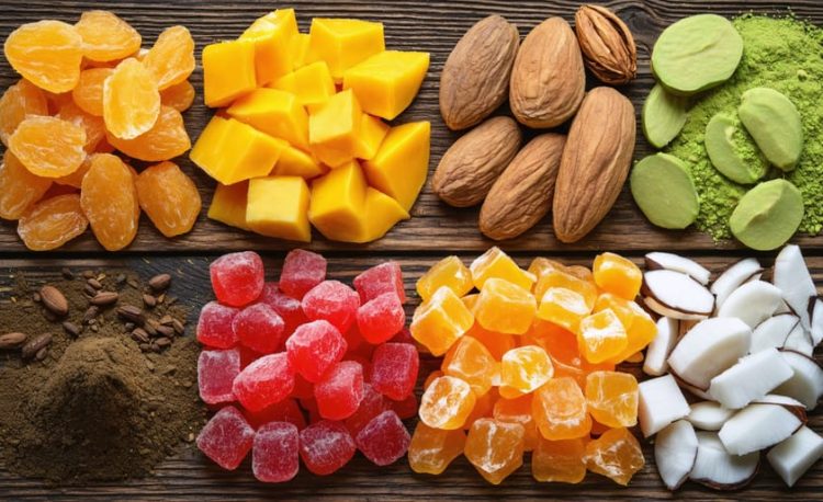 A vibrant assortment of healthy exotic candies, featuring dried mango slices, coconut clusters, tamarind treats, and matcha-infused sweets arranged on a wooden table to showcase the natural variety and appeal.