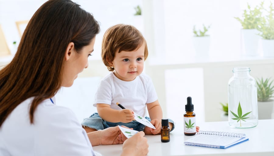 Healthcare provider and parent discussing CBD product label in medical office