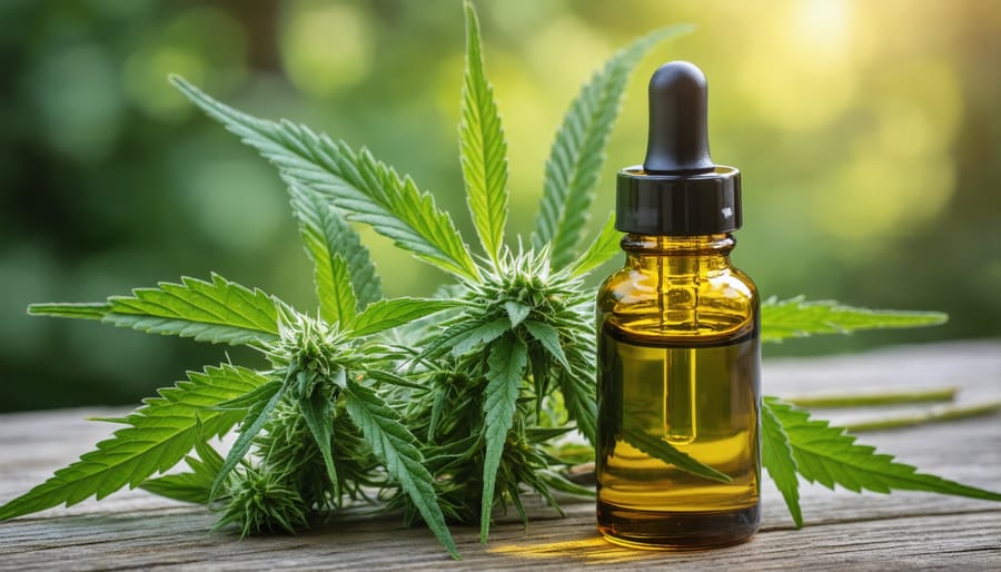 CBD oil bottle and dropper alongside hemp plant leaves for educational reference