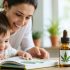 A parent and child reading a health book together in a cozy room, with a small bottle of CBD oil on the table, illustrating the educational focus on CBD for children's health.