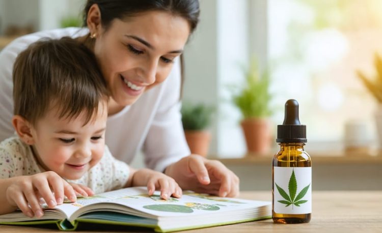 A parent and child reading a health book together in a cozy room, with a small bottle of CBD oil on the table, illustrating the educational focus on CBD for children's health.