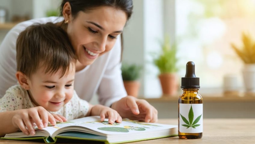 A parent and child reading a health book together in a cozy room, with a small bottle of CBD oil on the table, illustrating the educational focus on CBD for children's health.