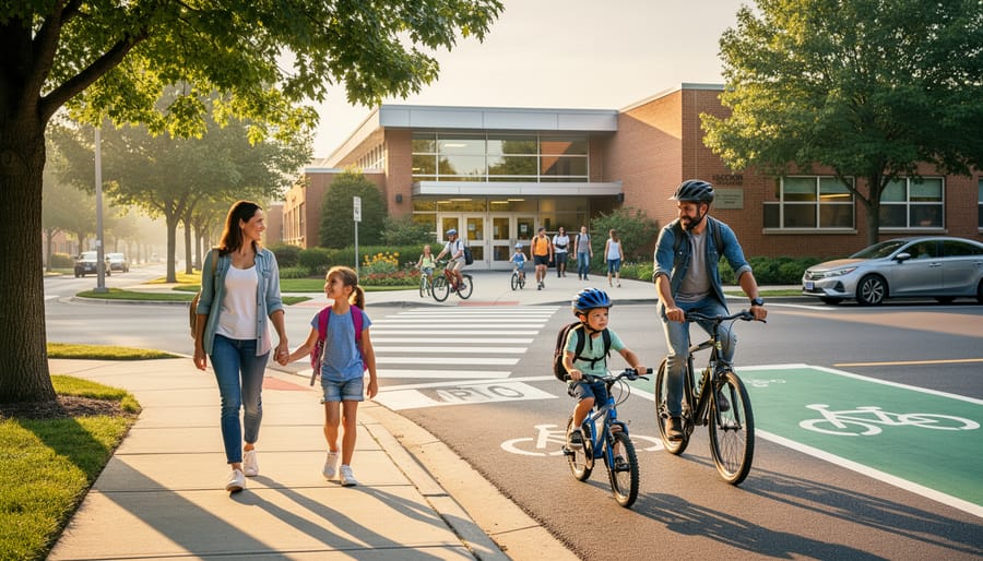 Parent and children walking and cycling to school on tree-lined neighborhood sidewalk