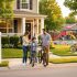 Parents and a young child with bicycles outside a suburban home at golden hour, with a softly blurred school playground and children playing in the background, no visible text or logos.