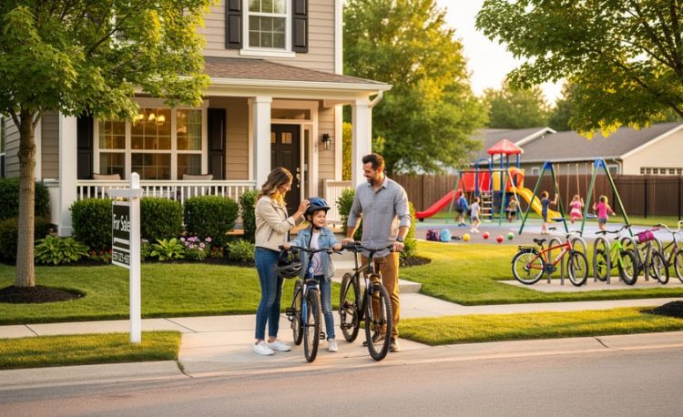 Parents and a young child with bicycles outside a suburban home at golden hour, with a softly blurred school playground and children playing in the background, no visible text or logos.