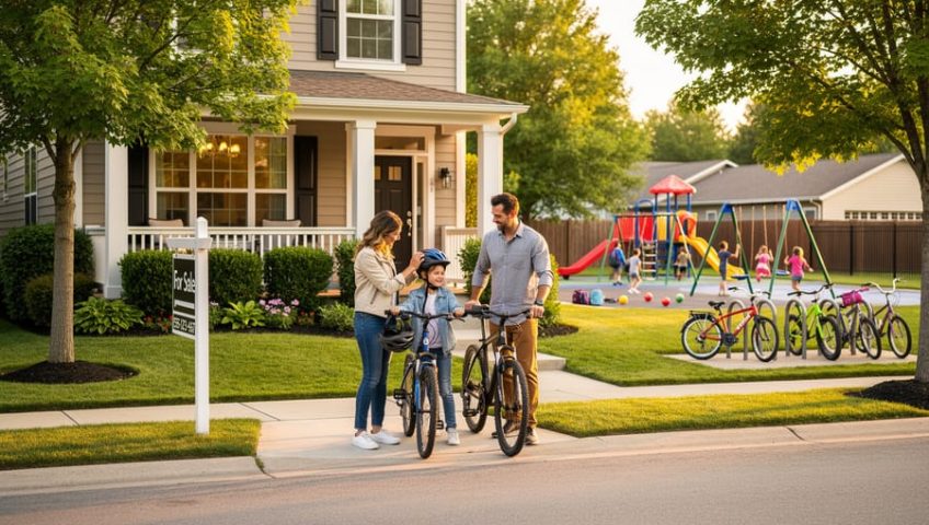 Parents and a young child with bicycles outside a suburban home at golden hour, with a softly blurred school playground and children playing in the background, no visible text or logos.