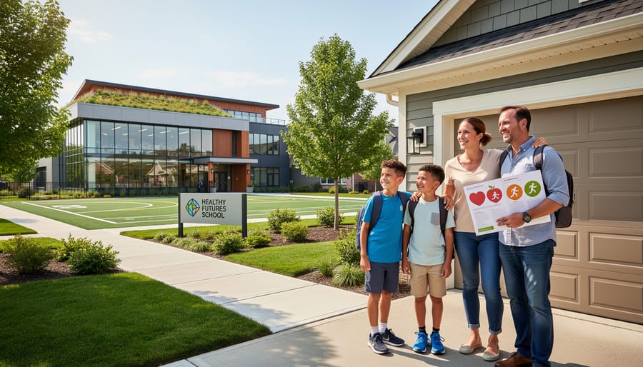 Parents reviewing property information on residential street near local school