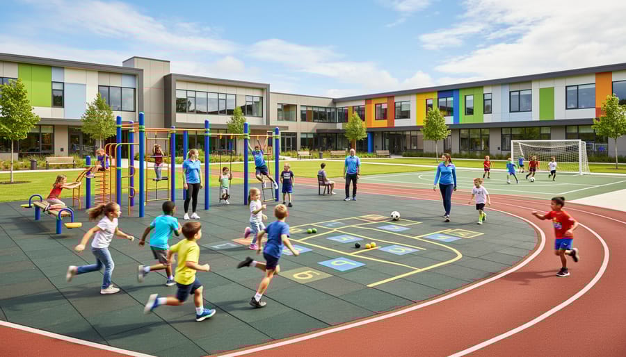 Primary school children playing actively on playground equipment and sports field during break time