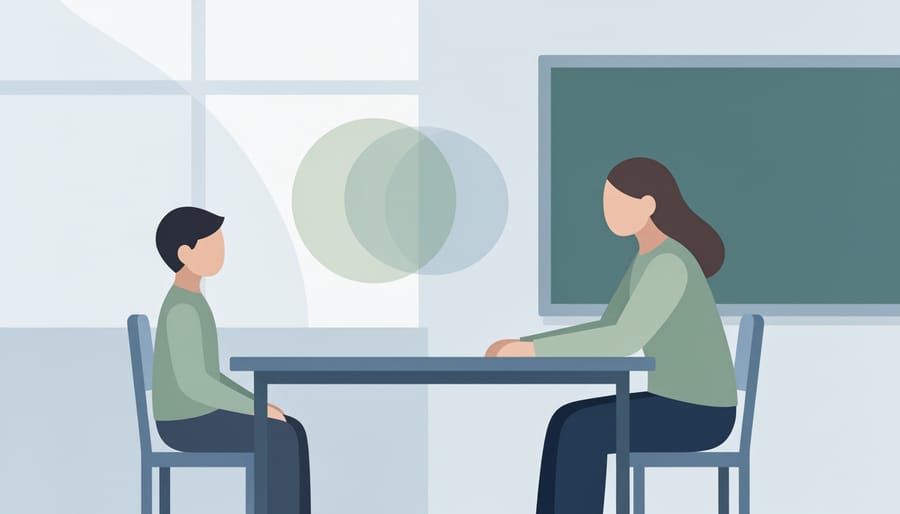 Teacher and student sitting together for a calming mindfulness moment in a classroom