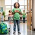 A middle school student practicing mindful breathing in a bright school hallway, representing health promotion education for mental and physical wellbeing.