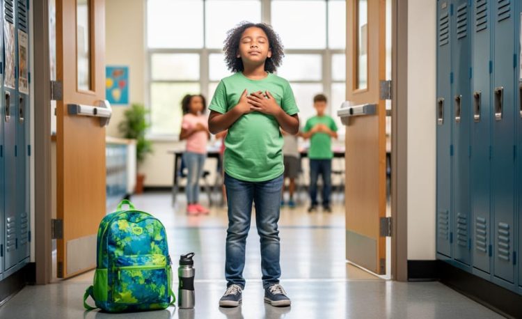 A middle school student practicing mindful breathing in a bright school hallway, representing health promotion education for mental and physical wellbeing.