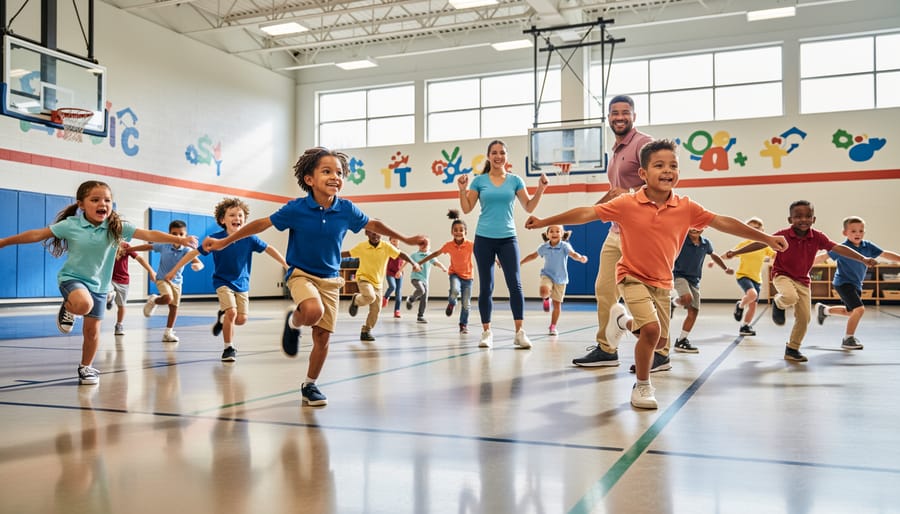 Diverse elementary students doing an active movement break in a school gym