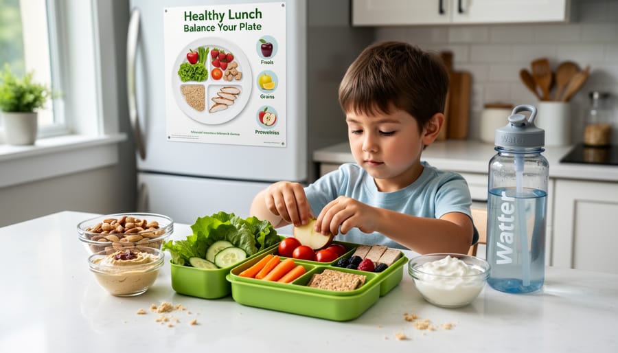 Child’s hands arranging fresh produce on a school lunch tray