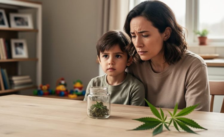 “Concerned parent sitting with a child at a kitchen table, with a sealed jar and cannabis leaves placed out of focus to suggest avoiding CBD and THCA for kids.”