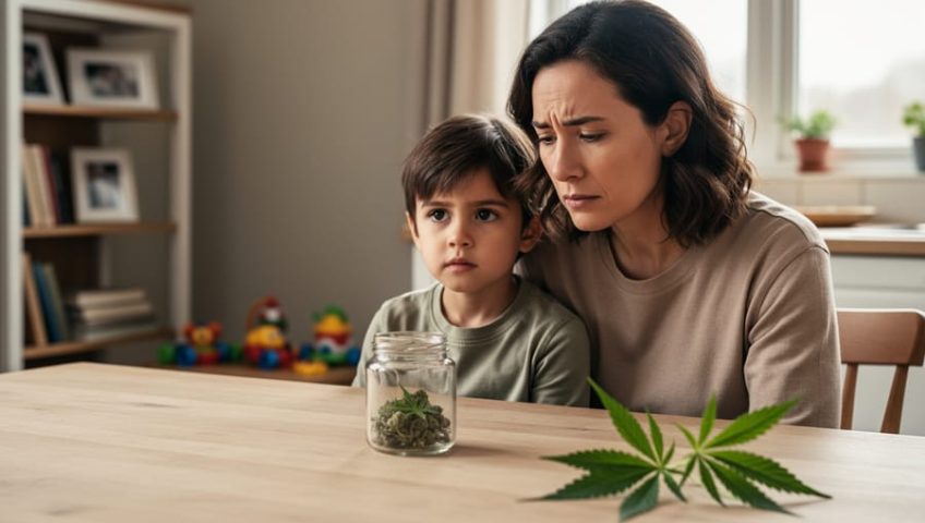 “Concerned parent sitting with a child at a kitchen table, with a sealed jar and cannabis leaves placed out of focus to suggest avoiding CBD and THCA for kids.”