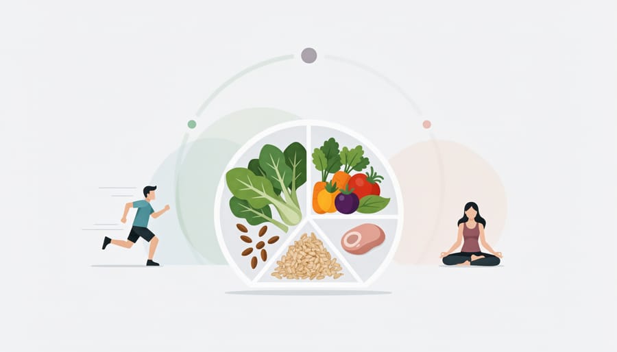 Colorful plate of healthy whole foods with a child-friendly home and outdoor play area softly blurred in the background.