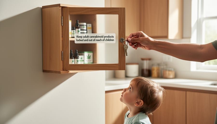 Locked storage area in a home with child-proof latch, showing adult supplement or cannabinoid products kept out of reach.