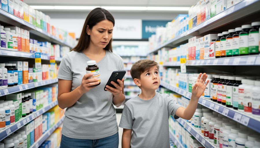 Parent and child looking concerned in a pharmacy health products aisle