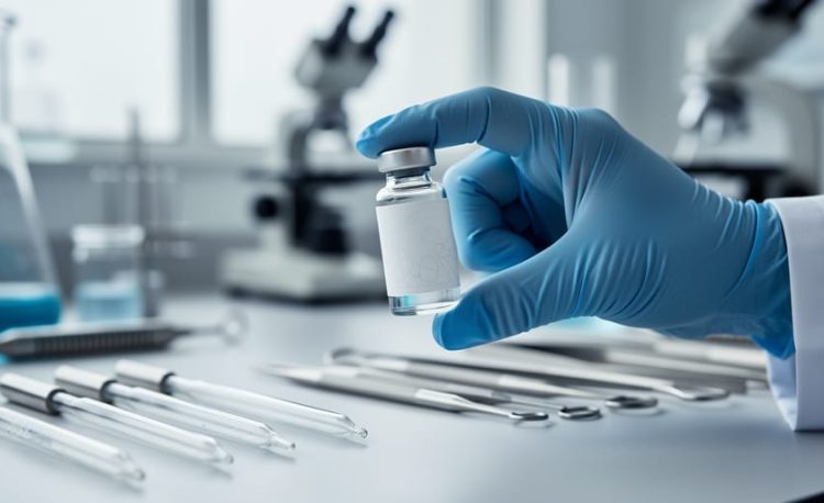 Gloved hand holding a small clear vial next to pipettes and laboratory equipment in a clean research setting.