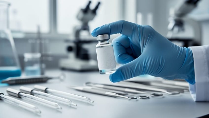 Gloved hand holding a small clear vial next to pipettes and laboratory equipment in a clean research setting.