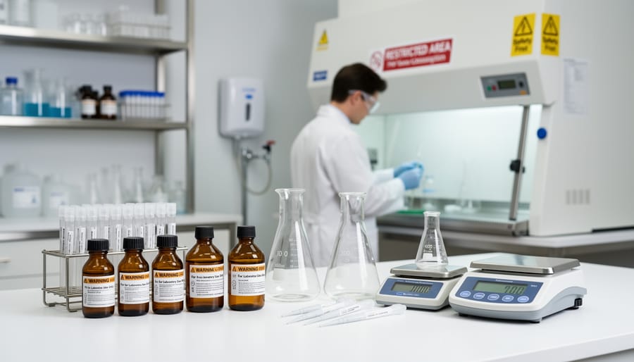 Laboratory bench with glass vials, pipettes, and a disposable glove indicating research-use materials