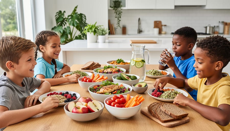 Mother serving a child a bowl of whole-food breakfast with yogurt, berries, and nuts in a bright kitchen