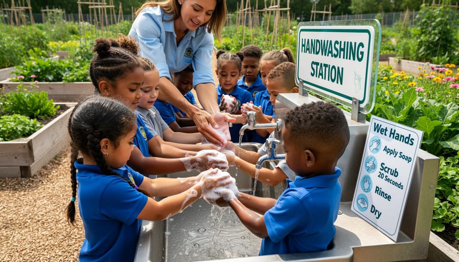 A teacher and student washing hands at an outdoor handwashing station beside a school garden.