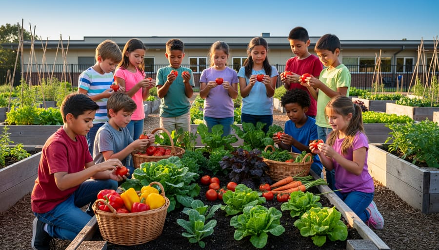A thriving school garden with ripe tomatoes and leafy greens in raised beds at golden hour.