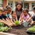 Diverse students and a teacher planting leafy greens in raised garden beds at a school garden.