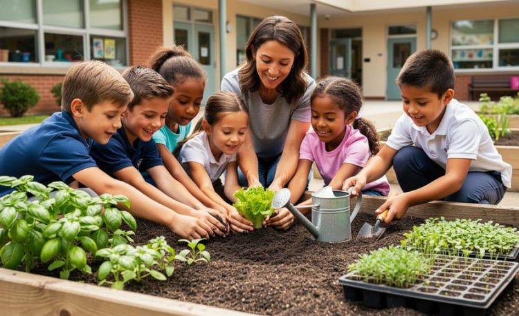 Diverse students and a teacher planting leafy greens in raised garden beds at a school garden.