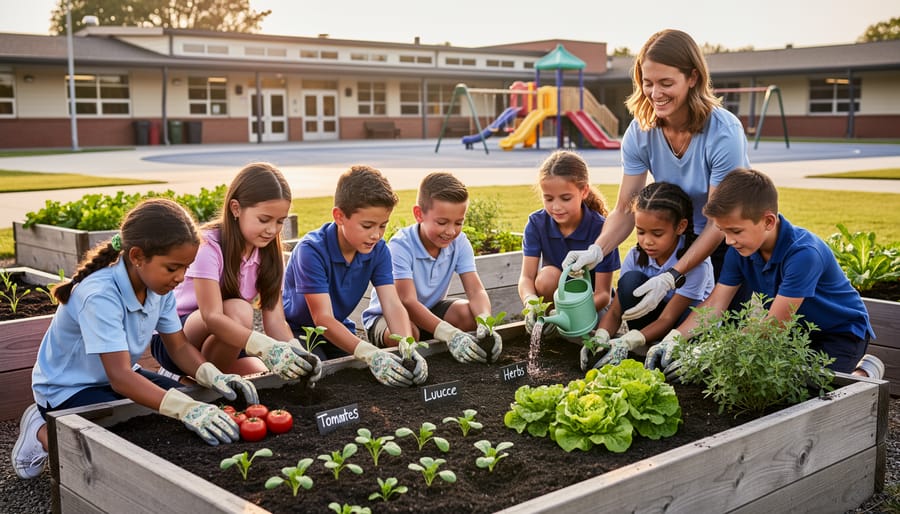 Students planting seedlings in raised beds in a school garden with watering cans and gloves.