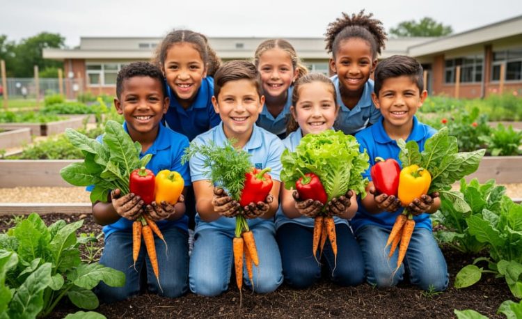 Students kneel in a school garden bed while harvesting fresh leafy greens and colorful vegetables together.