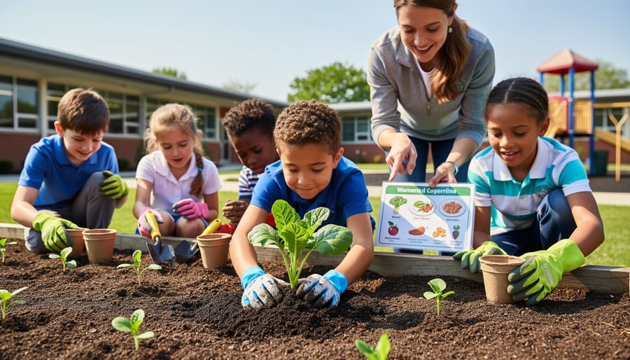Close-up of student hands planting seedlings in dark soil in a school garden bed.