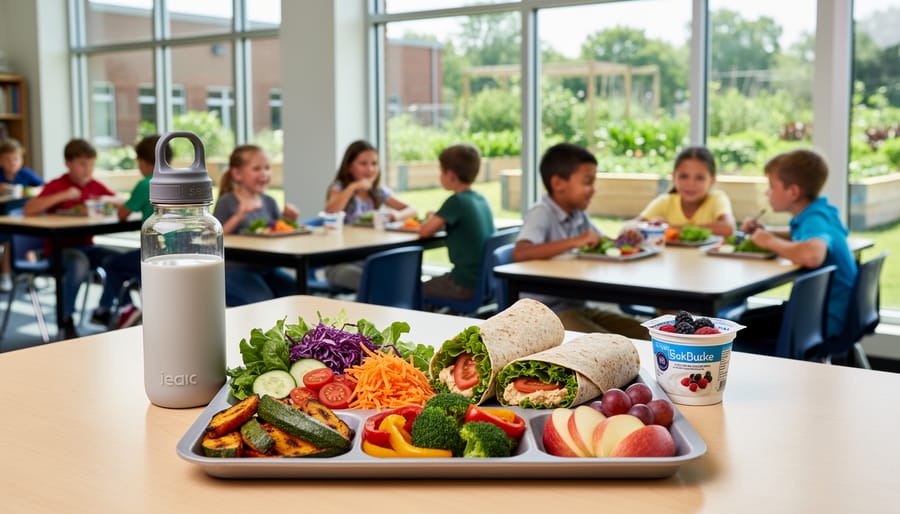Students’ cafeteria lunch tray with colorful fresh vegetables including greens and tomatoes.