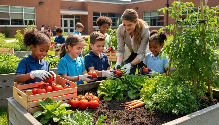 Students and a teacher harvesting tomatoes and leafy greens in a school garden.